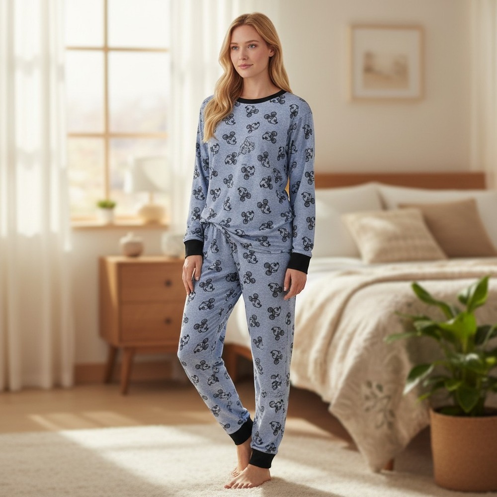 Disney Mickey Mouse Pajama Set Womens Large Blue Long Sleeve Joggers 2pc L